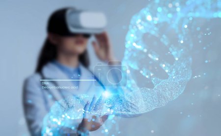Photo for Innovative Medicine, Genetic. Young Woman Doctor Geneticist Wearing Virtual Reality Glasses Working With Hologram of 3D Model Of DNA Chain Over Grey Studio Background, Collage - Royalty Free Image