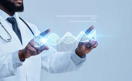 Photo for Cropped of black doctor geneticist working with interactive 3D model of DNA chain, grey background, panorama, collage. Modern science and healthcare, genetic in medical care - Royalty Free Image
