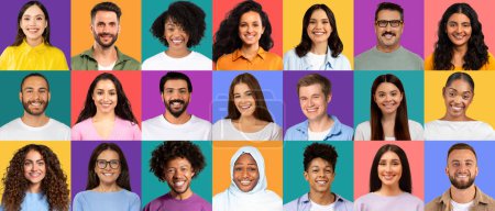 Foto de Un animado mosaico de individuos sonrientes de una variedad de etnias, vestidos con atuendos casuales e inteligentes, todos irradiando felicidad y confianza contra fondos vibrantes. - Imagen libre de derechos