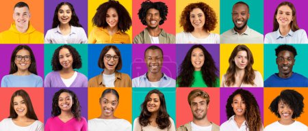 Photo for An engaging collection of headshots features smiling individuals from diverse ethnicities, showcasing a blend of casual and professional looks against colorful backgrounds - Royalty Free Image