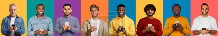 Photo for Eight international cheerful people of various ethnicities using smartphones, dressed in vibrant casual to semi-formal wear, against a striking multicolored backdrop, panorama - Royalty Free Image