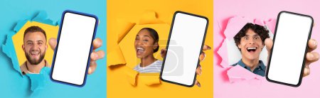 Photo for Collage of three happy individuals of different ethnicities smiling and looking through torn paper, each holding a smartphone with a blank screen, ideal for diverse tech advertising - Royalty Free Image