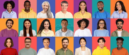 Photo for An array of joyful individuals from diverse backgrounds, each wearing different colors against contrasting vibrant backgrounds, showcasing a range of emotions and styles, studio - Royalty Free Image