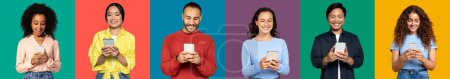 Photo for Enthusiastic and diverse group of people with joyful expressions using smartphones, dressed in casual and smart attire against a multicolored background, studio, panorama - Royalty Free Image