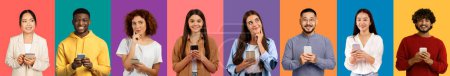 Photo for A vibrant array of eight happy international people, each engrossed in their smartphones, representing a wide range of modern fashion and multicultural diversity, panorama - Royalty Free Image