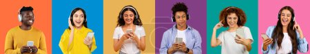 Photo for Vibrant portrait series of young adults international people enjoying music and smartphones, featuring colorful attire and headphones against a rainbow of backdrops, studio - Royalty Free Image