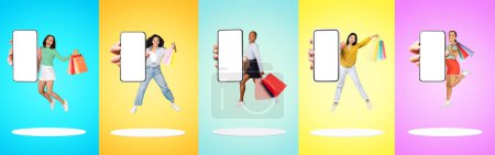 Photo for Happy excited women jumping with shopping bags and blank smartphones in hands, surprised females floating above platforms on colorful backgrounds, demonstrating empty space for app design, collage - Royalty Free Image