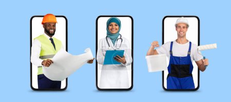 Photo for Diverse workers displayed in smartphones. Smiling engineer holding blueprints, confident doctor with clipboard, and enthusiastic painter with roller, each ready for their tasks, collage - Royalty Free Image