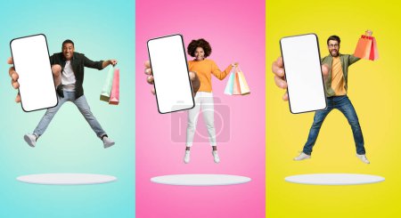 Photo for Online Sales. Happy People Jumping With Shopping Bags And Big Blank Smartphone In Hand Over Platform On Colorful Abstract Background, Recommending Mobile App With Discounts, Collage, Mockup - Royalty Free Image