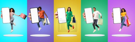 Photo for Online Sales. Happy People With Shopping Bags Showing Blank Smartphones In Hand, Cheerful Shopaholic Men And Women Jumping On Platforms Over Colorful Backgrounds, Creative Collage, Mockup - Royalty Free Image