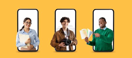 Photo for Cheerful professionals displayed in smartphone screens: administrator, photographer and designer looking out of mobile phones and smiling at camera, each displaying their essential tools, collage - Royalty Free Image