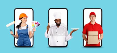 Photo for Diverse multiethnic professionals peering out from smartphone screens. Painter with color swatches, chef in uniform and delivery man with package displayed in mobile phone frame, collage - Royalty Free Image