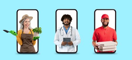 Multiethnic People Of Diverse Professions Looking Out Smartphone Screens On Blue Background, Group Of Diverse Men And Women In Work Clothes Smiling And Looking At Camera, Creative Collage, Panorama