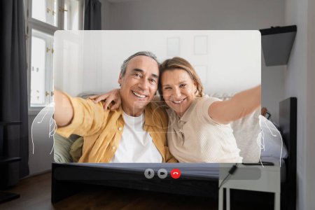 Photo for Pov screen of happy European senior couple video calling indoor, smiling to camera. Digital connection and remote communication concept. Mature parents staying connected. Collage - Royalty Free Image
