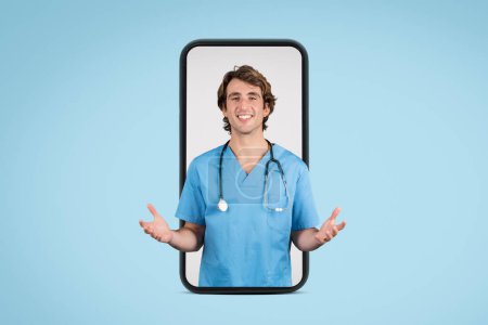 Enfermera masculina en uniformes azules mostrados en la pantalla del teléfono móvil, haciendo un gesto de bienvenida, simbolizando servicios de telesalud accesibles, colocados sobre un fondo azul suave