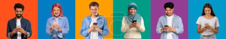 Foto de Una serie de seis personas internacionales alegres absortos en sus teléfonos inteligentes, mostrando un tapiz de atuendo casual moderno contra fondos sólidos vibrantes, estudio - Imagen libre de derechos