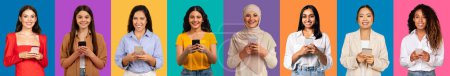 Photo for Eight international women with smartphones display a range of outfits from casual to business attire, symbolizing global connectivity and diversity against vibrant backgrounds - Royalty Free Image