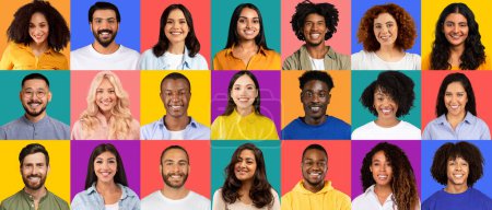 Photo for A vibrant mosaic of smiling diverse faces, diverse in ethnicity and style, set against a series of bold, solid-colored backgrounds, exuding warmth and friendliness, panorama - Royalty Free Image