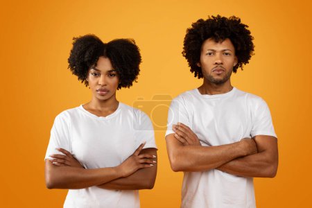 Téléchargez les photos : Sérieux frisé afro-américain millénial homme et femme portant des t-shirts blancs posant sur fond de studio orange, tenant les bras croisés sur la poitrine, regardant sans doute la caméra - en image libre de droit