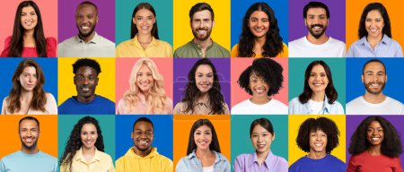 Photo for A tapestry of radiant faces, this collection captures a diverse group of individuals smiling, each set against a uniquely colored background, illustrating a world of diversity - Royalty Free Image