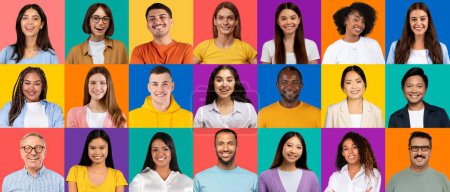 Photo for A vibrant collection of headshots showcasing a diverse group of individuals of varying ages and ethnicities, all smiling against a colorful backdrop, studio, panorama. Video call - Royalty Free Image