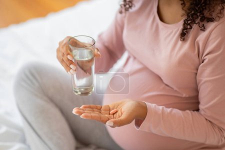 Photo for Black pregnant woman taking prenatal vitamins with glass of water while sitting on bed at home, unrecognizable expectant mother focusing on healthcare and well-being during pregnancy, cropped shot - Royalty Free Image