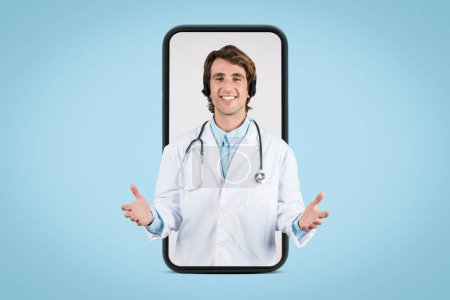 Carismático joven médico que ofrece asesoramiento médico virtual, enmarcado dentro del contorno de teléfonos inteligentes, lo que significa consultas de telemedicina de vanguardia