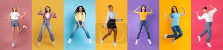 Foto de Diversas mujeres jóvenes multiétnicas expresando emociones positivas mientras saltan sobre fondos coloridos, mujeres milenarias felices divirtiéndose, posando contra fondos brillantes del estudio, collage - Imagen libre de derechos