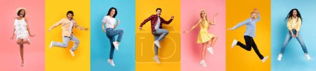 Photo for Carefree diverse people jumping up, celebrating victory and having fun, happy multiethnic men and women posing together on colorful gradient studio background, full length shot, panorama banner - Royalty Free Image