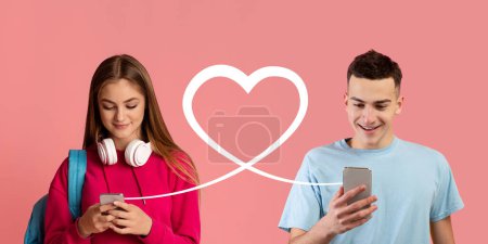 Photo for A teenage girl with headphones and a backpack focused on her phone and a boy in a blue tee smiling at his device are romantically connected by a white heart line on a pink background - Royalty Free Image
