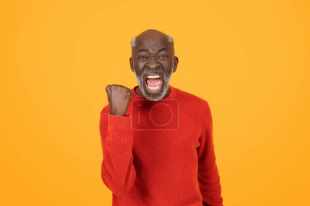 Téléchargez les photos : Animé heureux gagnant homme noir senior dans un pull rouge, élevant victorieusement son poing avec une bouche grande ouverte, transmettant l'excitation et le triomphe sur un fond orange, studio - en image libre de droit