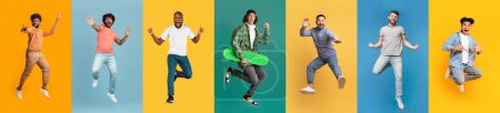 Photo for Collage of active energetic young men jumping over gradient colorful studio backgrounds, creative banner with excited multiethnic males having fun against bright backdrops, panorama - Royalty Free Image