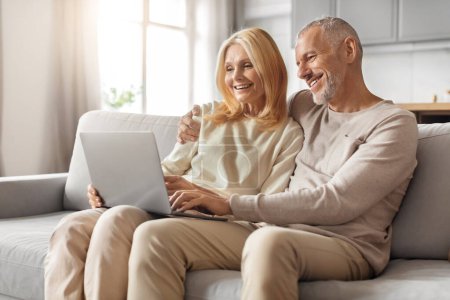 Elderly couple shares a delightful moment together, with the woman operating the laptop