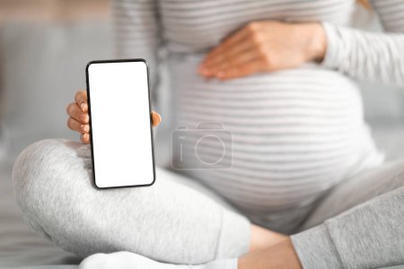 Téléchargez les photos : Un plan détaillé d'une future mère s'engageant avec son smartphone, laissant un espace pour la personnalisation de l'application ou de l'interface - en image libre de droit