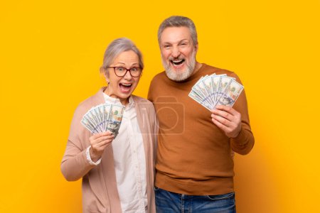 Photo for Excited emotional senior couple holding money cash, celebrating success, posing with many dollar banknotes and shouting in joy, over yellow studio background. Retirement savings concept - Royalty Free Image