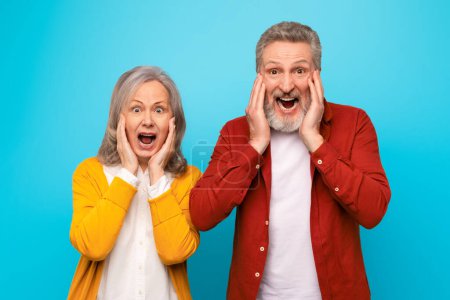 Téléchargez les photos : Couple d'âge mûr réagissant avec excitation et étonnement à une offre surprenante, criant et touchant des visages dans l'incrédulité en studio dans un contexte bleu, portrait de personnes âgées étonnées - en image libre de droit