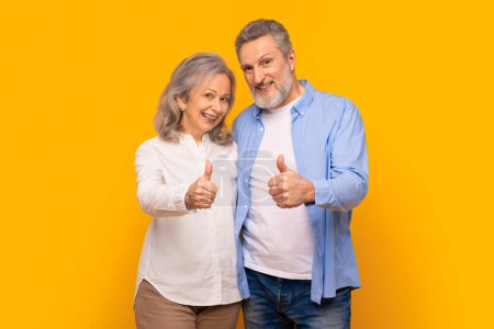 Téléchargez les photos : Joyeux couple de retraités âgés souriant et donnant les pouces en l'approbation, debout ensemble sur fond de studio jaune, symbolisant leur bonheur, recommandant une grande offre - en image libre de droit