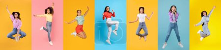 Foto de Buenas noticias. Collage conjunto de alegres mujeres multiétnicas saltando sobre coloridos fondos de estudio, diversas mujeres jóvenes emocionadas celebrando la victoria y ganar, longitud de cuerpo completo, panorama - Imagen libre de derechos