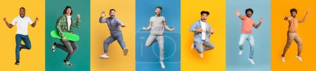 Photo for Crazy Fun. Group Of Happy Multiethnic Men Jumping Mid-Air On Colorful Backgrounds, Diverse Cheerful Young Males Fooling And Laughing, Feeling Carefree And Positive, Collage, Panorama - Royalty Free Image