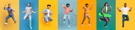 Photo for Collection of positive multiracial young men jumping on colorful studio backgrounds, cheerful handsome millennial males having fun, set of full length photos, panorama, collage - Royalty Free Image