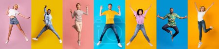 Photo for Happy Day. Group Of Cheerful Multiethnic People Jumping On Colorful Backgrounds, Positive Carefree Multicultural Men And Women Having Fun And Laughing, Posing On Bright Backdrops, Collage, Panorama - Royalty Free Image
