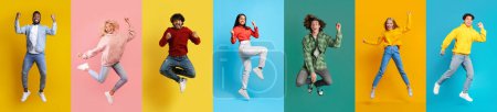 Téléchargez les photos : Collage avec des jeunes multiraciaux positifs sautant sur des milieux de studio colorés, des hommes et des femmes millénaires joyeux s'amusant dans des milieux lumineux, ensemble de photos complètes, panorama - en image libre de droit