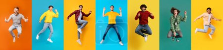 Photo for Big Luck. Diverse Happy Males Jumping Against Bright Backgrounds In Studio, Cheerful Multiethnic Men Celebrating Success Or Having Fun, Posing On Colorful Backdrops, Collage, Panorama - Royalty Free Image