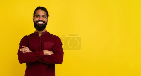 Photo for Great offer, nice deal. Positive millennial bearded eastern man with arms crossed on chest smiling at camera, panorama with empty copy space mockup for advertisement - Royalty Free Image