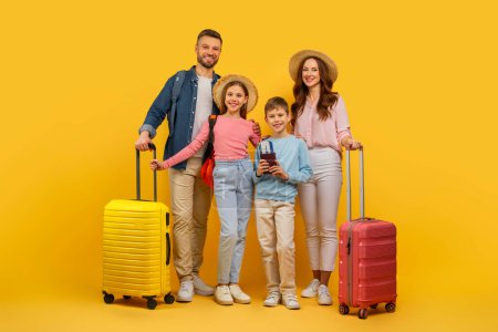 An eager family with suitcases and passports, prepared for a vacation, standing against a yellow background