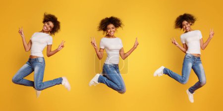 Photo for Collage of black curly girl jumping in air on orange background, panorama - Royalty Free Image