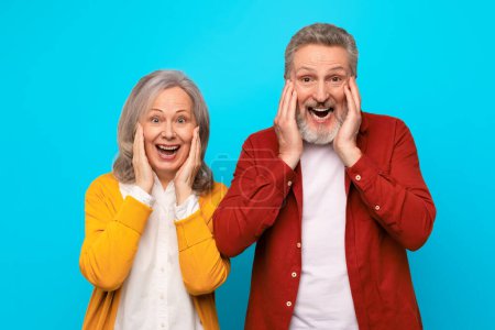 Photo for Elderly husband and wife expressing shock and surprise, shouting touching their faces as they receive exciting news over blue studio background. Emotion of excitement, wow offer - Royalty Free Image
