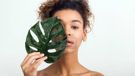 Photo for African-american woman with tropical leaf, covering half of face on white background - Royalty Free Image