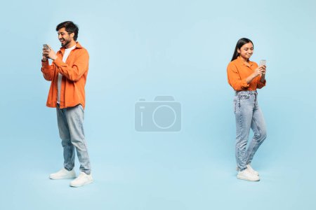 Indian man and woman engrossed in their phones stand apart on a blue backdrop, suggesting themes of isolation in the digital age