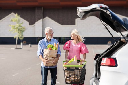 Ein älteres Rentnerehepaar belädt sein Auto mit Lebensmitteln von einem Einkaufsbummel und präsentiert gemeinsam ihren unabhängigen, aktiven Lebensstil